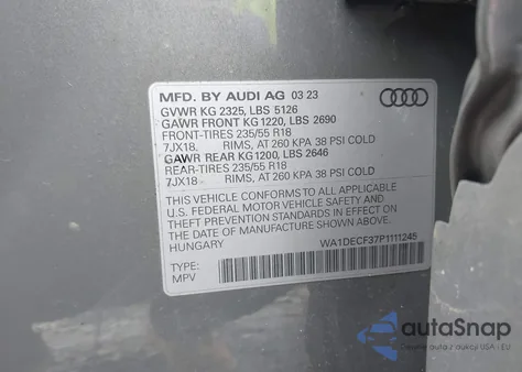 2023 Audi Q3 Premium 45 Tfsi S Line Quattro Tiptronic из США, поврежденный, VIN WA1DECF37P1111245